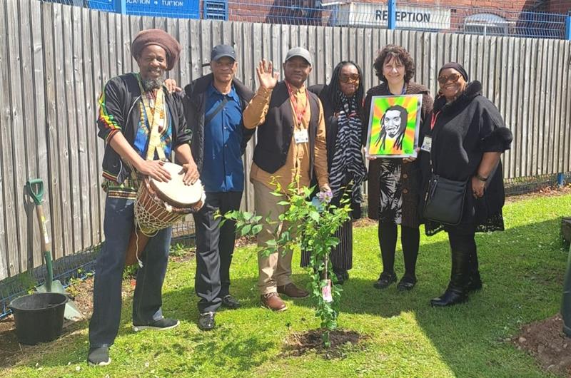 Deykin Avenue J&I School Tree Planting (10 June 2024) - L to R - Asha, brothers Mark and Tippa, sister Joyce, headteacher Sharon Brewer, and sister Millicent